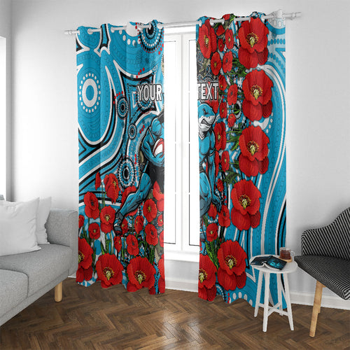 Personalised Cronulla Sharks ANZAC Window Curtain Indigenous Wave Pattern Poppy Remembrance Shark Warrior
