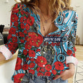 Personalised Cronulla Sharks ANZAC Women Casual Shirt Indigenous Wave Pattern Poppy Remembrance Shark Warrior