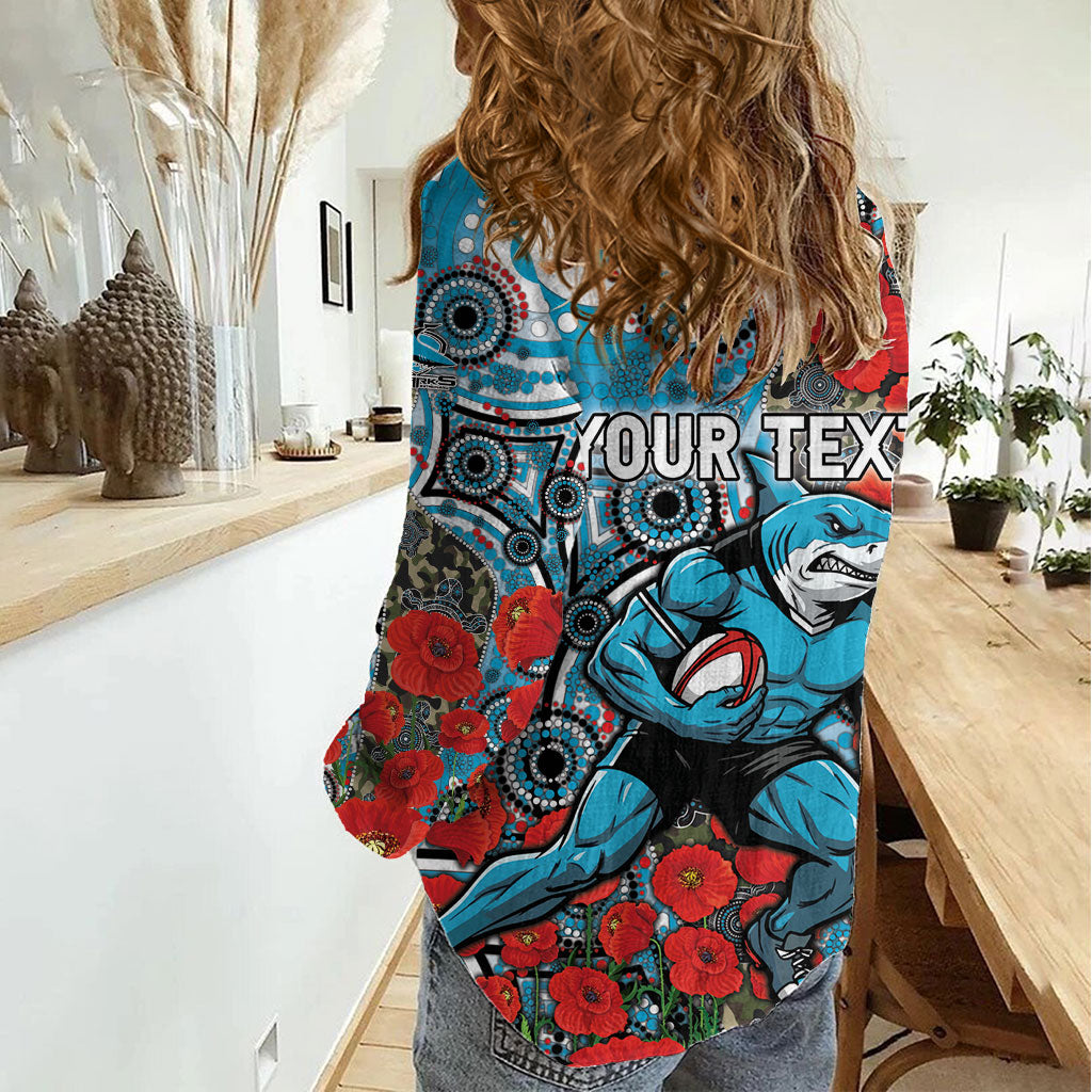 Personalised Cronulla Sharks ANZAC Women Casual Shirt Indigenous Wave Pattern Poppy Remembrance Shark Warrior