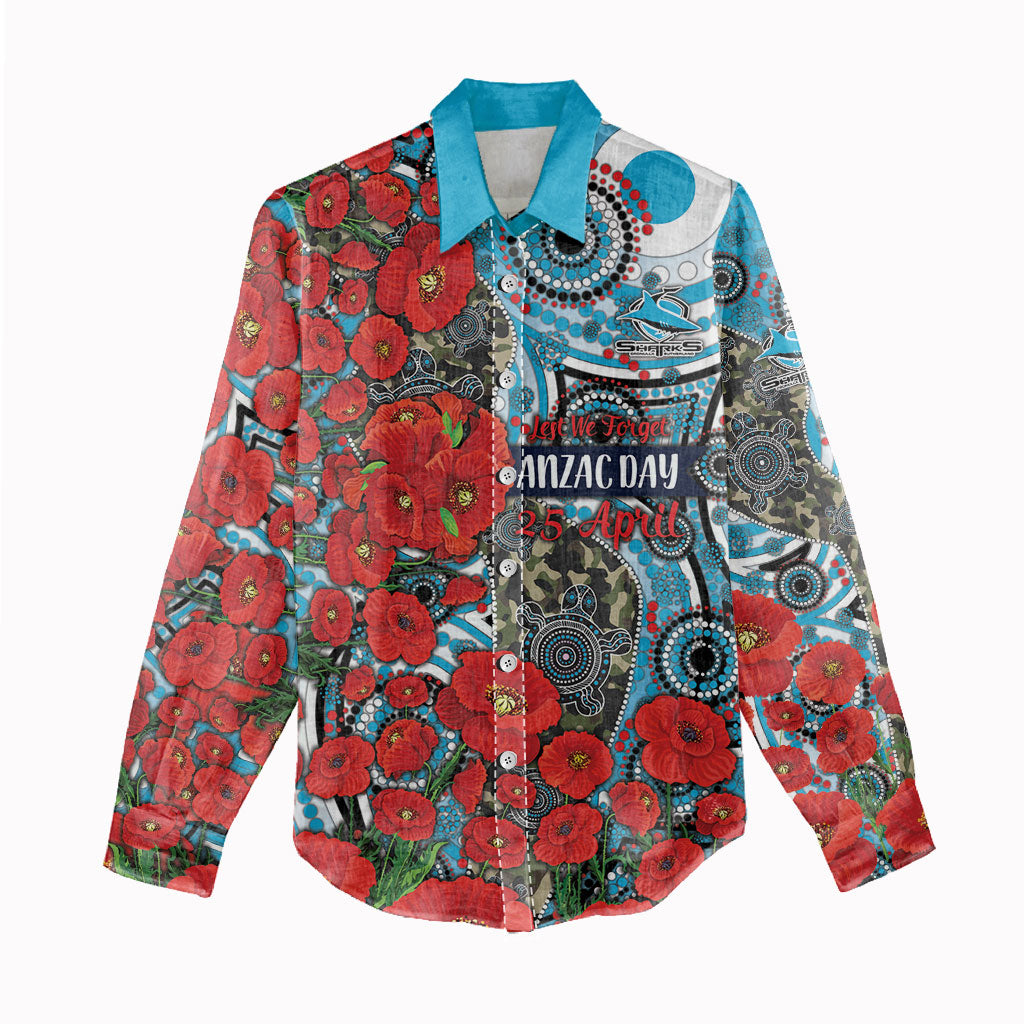 Personalised Cronulla Sharks ANZAC Women Casual Shirt Indigenous Wave Pattern Poppy Remembrance Shark Warrior