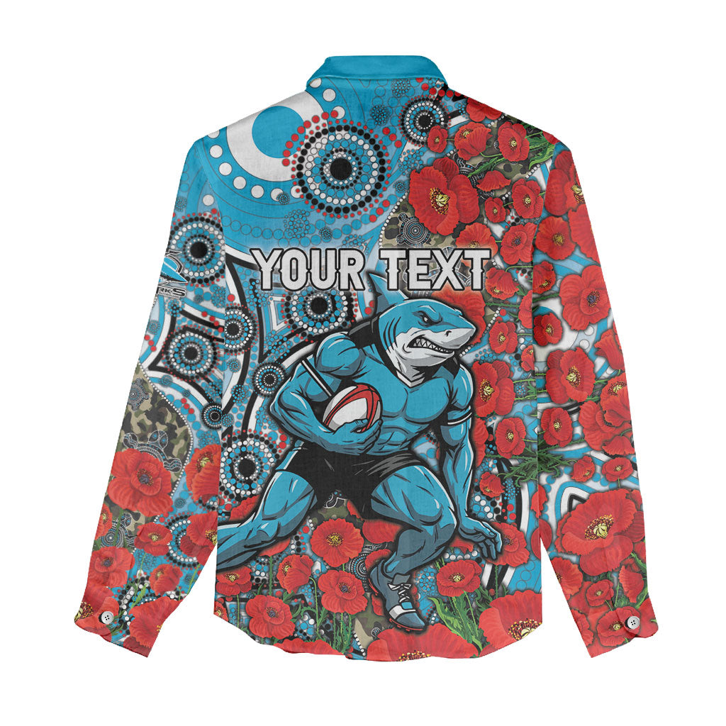 Personalised Cronulla Sharks ANZAC Women Casual Shirt Indigenous Wave Pattern Poppy Remembrance Shark Warrior