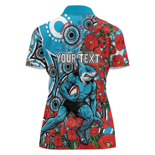 Personalised Cronulla Sharks ANZAC Women Polo Shirt Indigenous Wave Pattern Poppy Remembrance Shark Warrior