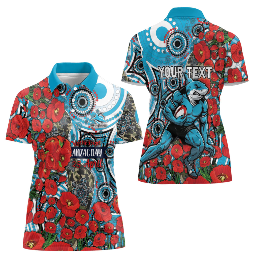 Personalised Cronulla Sharks ANZAC Women Polo Shirt Indigenous Wave Pattern Poppy Remembrance Shark Warrior