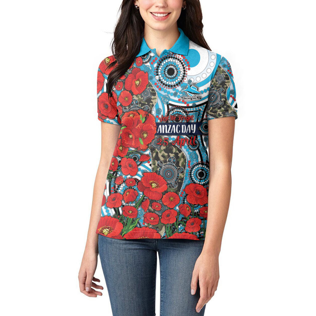 Personalised Cronulla Sharks ANZAC Women Polo Shirt Indigenous Wave Pattern Poppy Remembrance Shark Warrior