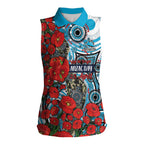 Personalised Cronulla Sharks ANZAC Women Sleeveless Polo Shirt Indigenous Wave Pattern Poppy Remembrance Shark Warrior