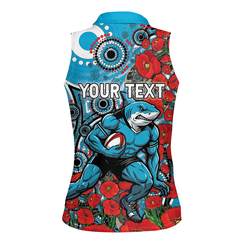 Personalised Cronulla Sharks ANZAC Women Sleeveless Polo Shirt Indigenous Wave Pattern Poppy Remembrance Shark Warrior