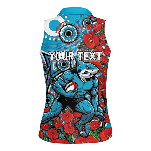 Personalised Cronulla Sharks ANZAC Women Sleeveless Polo Shirt Indigenous Wave Pattern Poppy Remembrance Shark Warrior