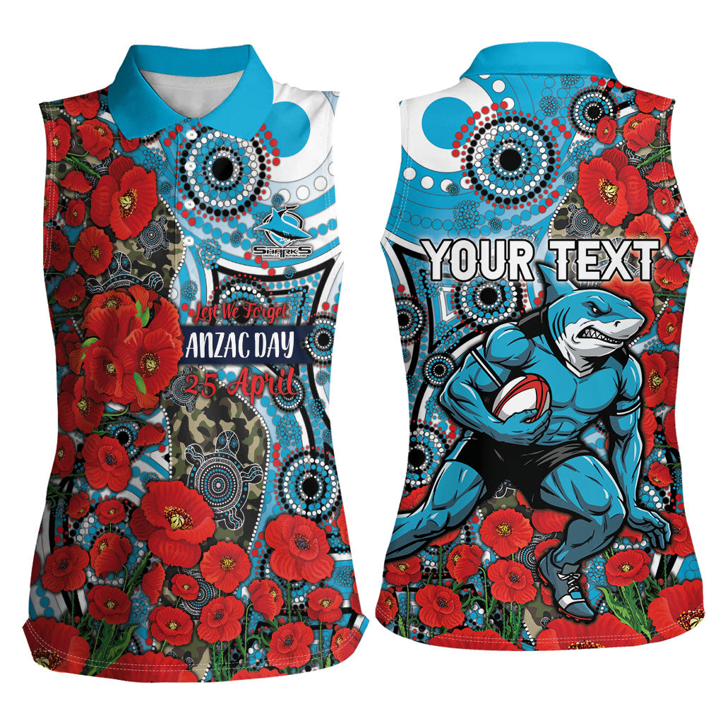 Personalised Cronulla Sharks ANZAC Women Sleeveless Polo Shirt Indigenous Wave Pattern Poppy Remembrance Shark Warrior