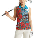 Personalised Cronulla Sharks ANZAC Women Sleeveless Polo Shirt Indigenous Wave Pattern Poppy Remembrance Shark Warrior
