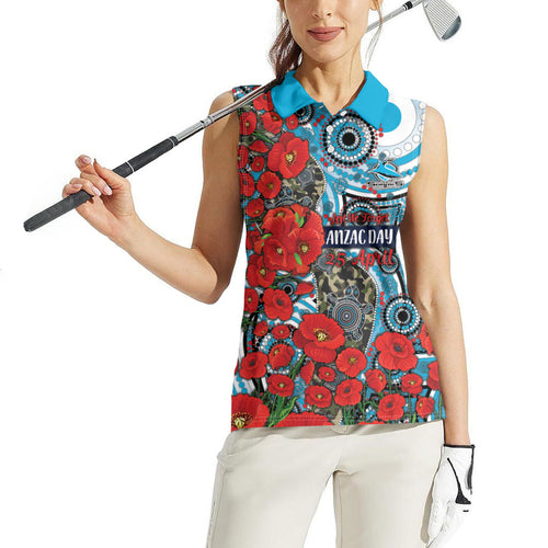 Personalised Cronulla Sharks ANZAC Women Sleeveless Polo Shirt Indigenous Wave Pattern Poppy Remembrance Shark Warrior