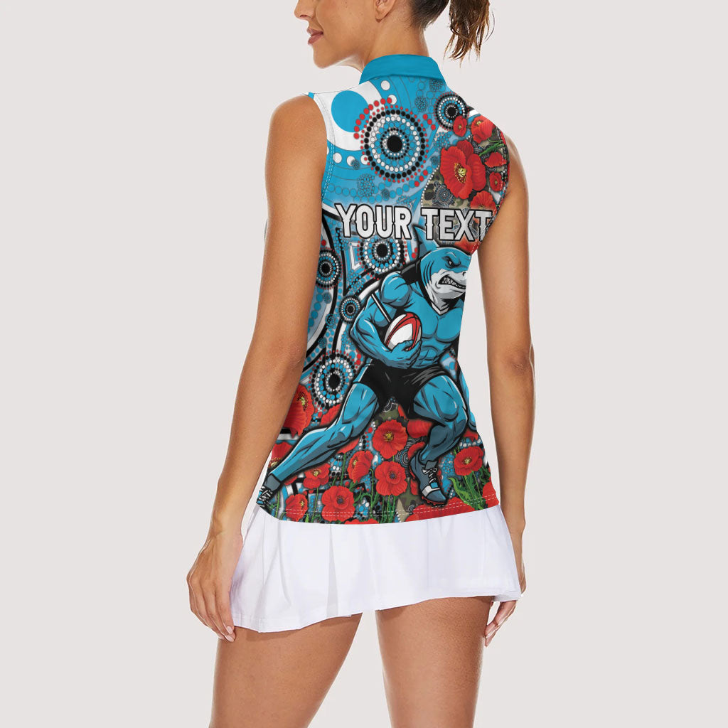 Personalised Cronulla Sharks ANZAC Women Sleeveless Polo Shirt Indigenous Wave Pattern Poppy Remembrance Shark Warrior