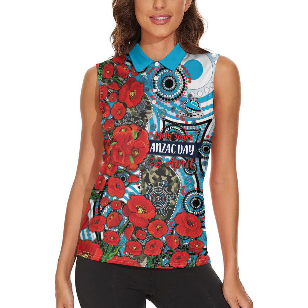 Personalised Cronulla Sharks ANZAC Women Sleeveless Polo Shirt Indigenous Wave Pattern Poppy Remembrance Shark Warrior
