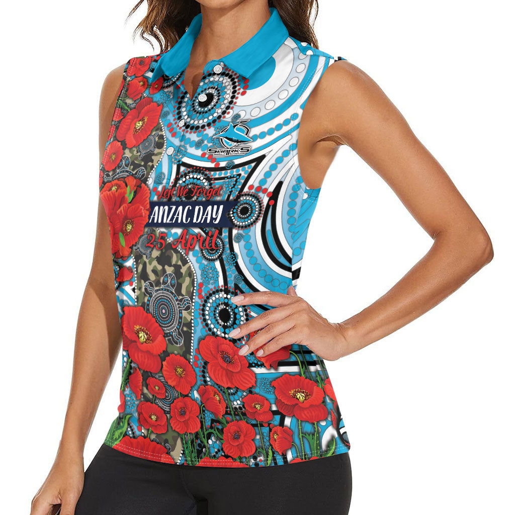 Personalised Cronulla Sharks ANZAC Women Sleeveless Polo Shirt Indigenous Wave Pattern Poppy Remembrance Shark Warrior