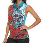 Personalised Cronulla Sharks ANZAC Women Sleeveless Polo Shirt Indigenous Wave Pattern Poppy Remembrance Shark Warrior