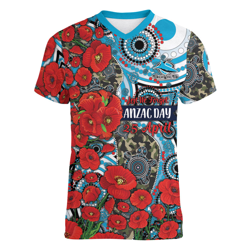 Personalised Cronulla Sharks ANZAC Women V-Neck T-Shirt Indigenous Wave Pattern Poppy Remembrance Shark Warrior