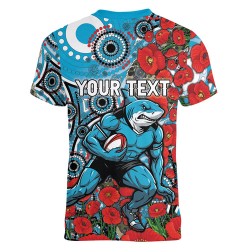Personalised Cronulla Sharks ANZAC Women V-Neck T-Shirt Indigenous Wave Pattern Poppy Remembrance Shark Warrior