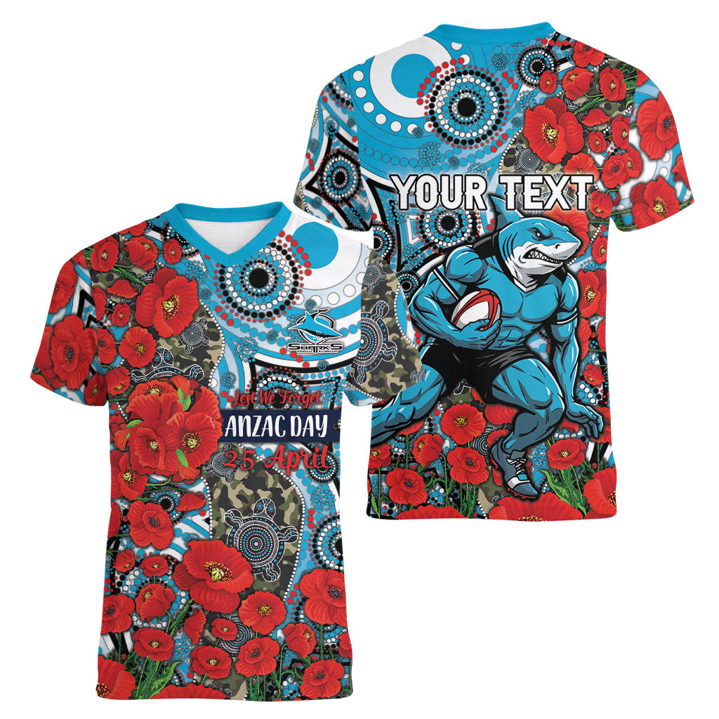 Personalised Cronulla Sharks ANZAC Women V-Neck T-Shirt Indigenous Wave Pattern Poppy Remembrance Shark Warrior