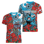 Personalised Cronulla Sharks ANZAC Women V-Neck T-Shirt Indigenous Wave Pattern Poppy Remembrance Shark Warrior