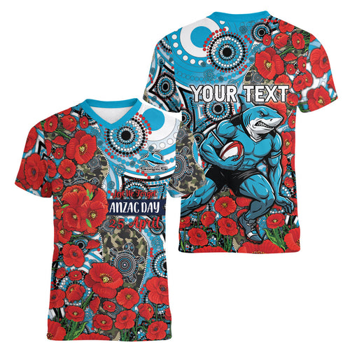 Personalised Cronulla Sharks ANZAC Women V-Neck T-Shirt Indigenous Wave Pattern Poppy Remembrance Shark Warrior