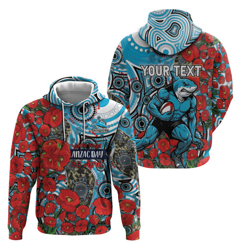 Personalised Cronulla Sharks ANZAC Zip Hoodie Indigenous Wave Pattern Poppy Remembrance Shark Warrior