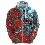 Personalised Cronulla Sharks ANZAC Zip Hoodie Indigenous Wave Pattern Poppy Remembrance Shark Warrior