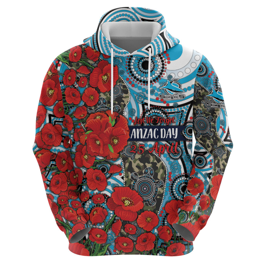 Personalised Cronulla Sharks ANZAC Zip Hoodie Indigenous Wave Pattern Poppy Remembrance Shark Warrior