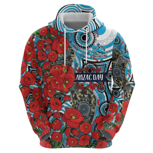 Personalised Cronulla Sharks ANZAC Zip Hoodie Indigenous Wave Pattern Poppy Remembrance Shark Warrior