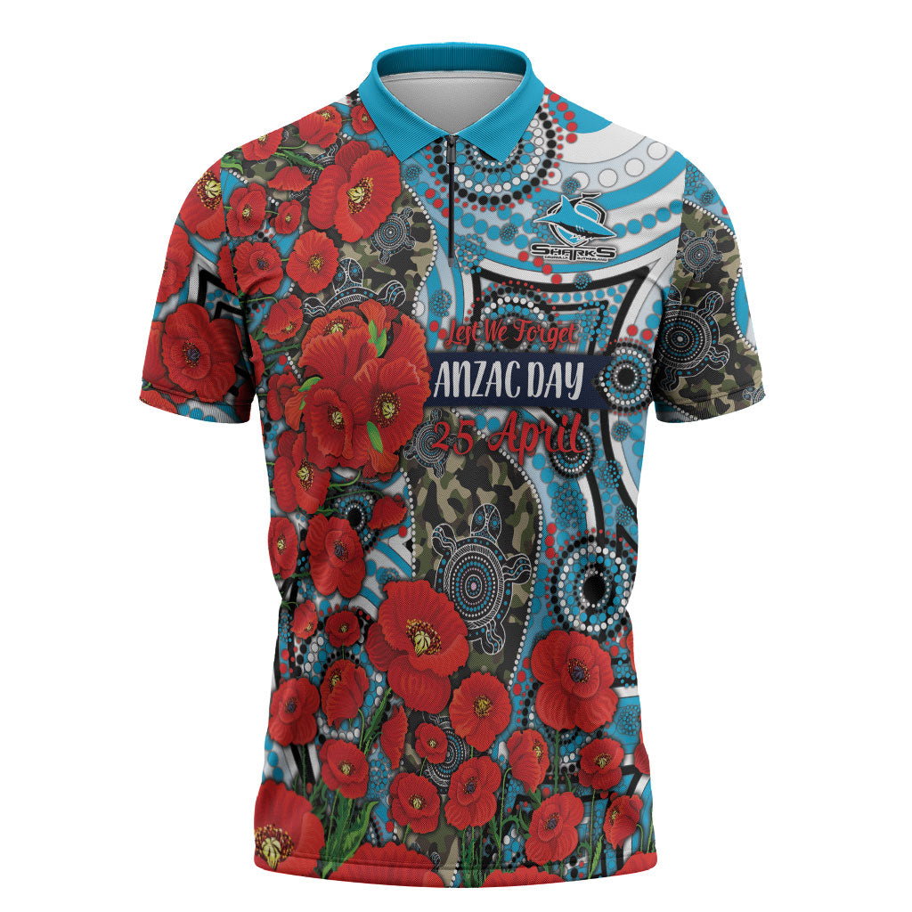 Personalised Cronulla Sharks ANZAC Zipper Polo Shirt Indigenous Wave Pattern Poppy Remembrance Shark Warrior