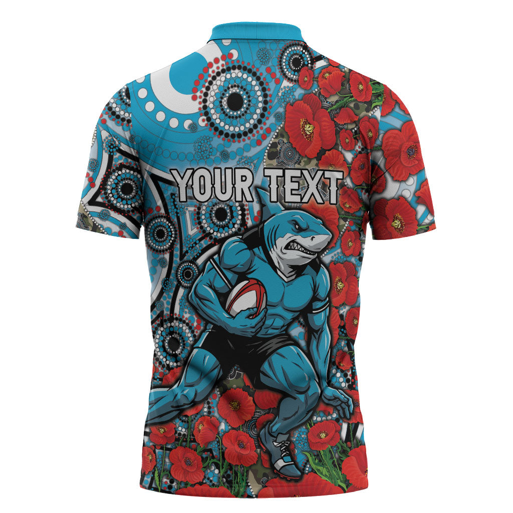 Personalised Cronulla Sharks ANZAC Zipper Polo Shirt Indigenous Wave Pattern Poppy Remembrance Shark Warrior