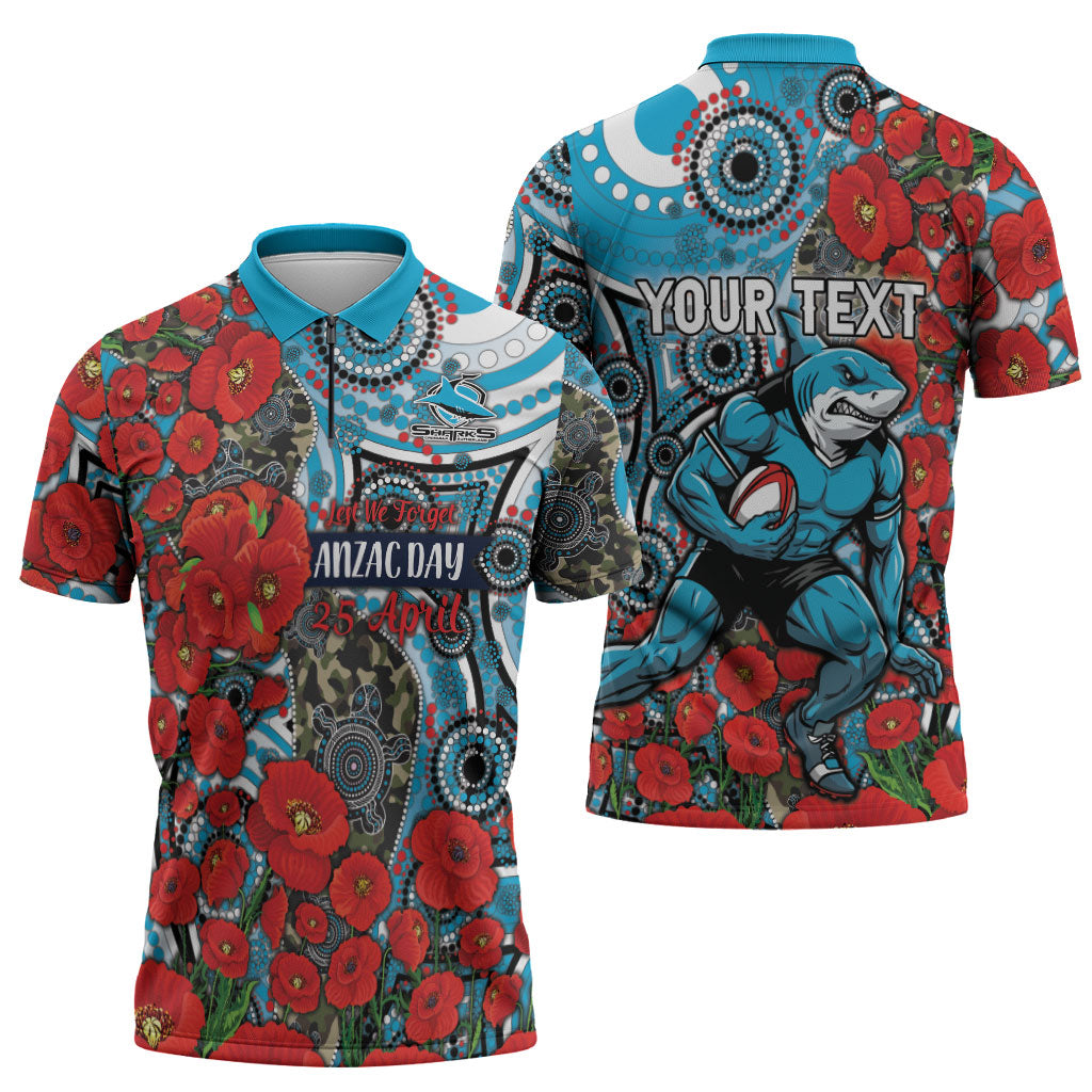 Personalised Cronulla Sharks ANZAC Zipper Polo Shirt Indigenous Wave Pattern Poppy Remembrance Shark Warrior