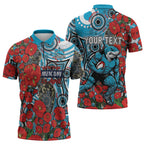 Personalised Cronulla Sharks ANZAC Zipper Polo Shirt Indigenous Wave Pattern Poppy Remembrance Shark Warrior