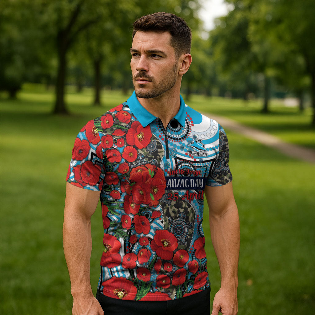 Personalised Cronulla Sharks ANZAC Zipper Polo Shirt Indigenous Wave Pattern Poppy Remembrance Shark Warrior