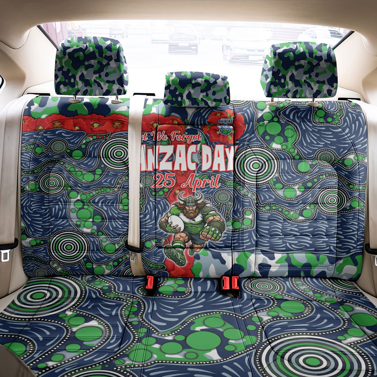 Canberra Raiders ANZAC Back Car Seat Cover Indigenous Wave Pattern Poppy Remembrance Viking Warrior