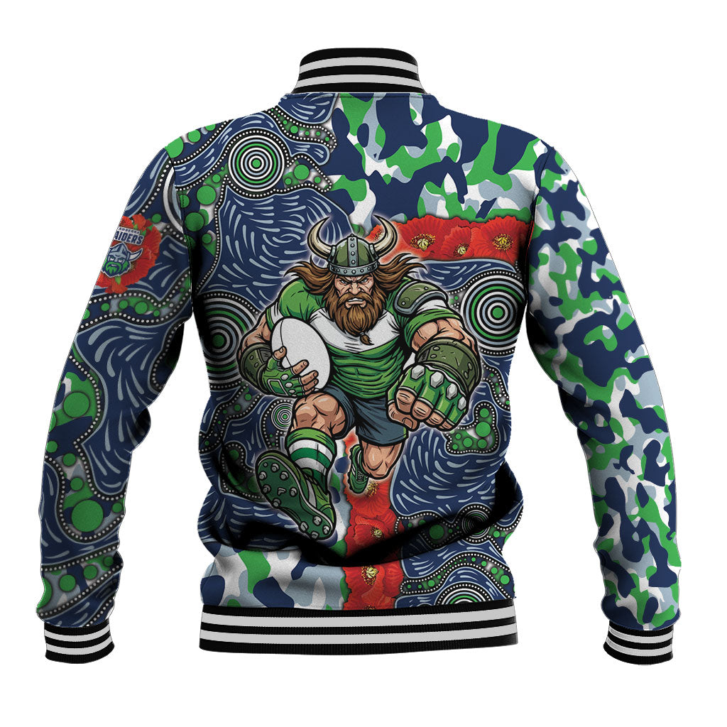 Canberra Raiders ANZAC Baseball Jacket Indigenous Wave Pattern Poppy Remembrance Viking Warrior