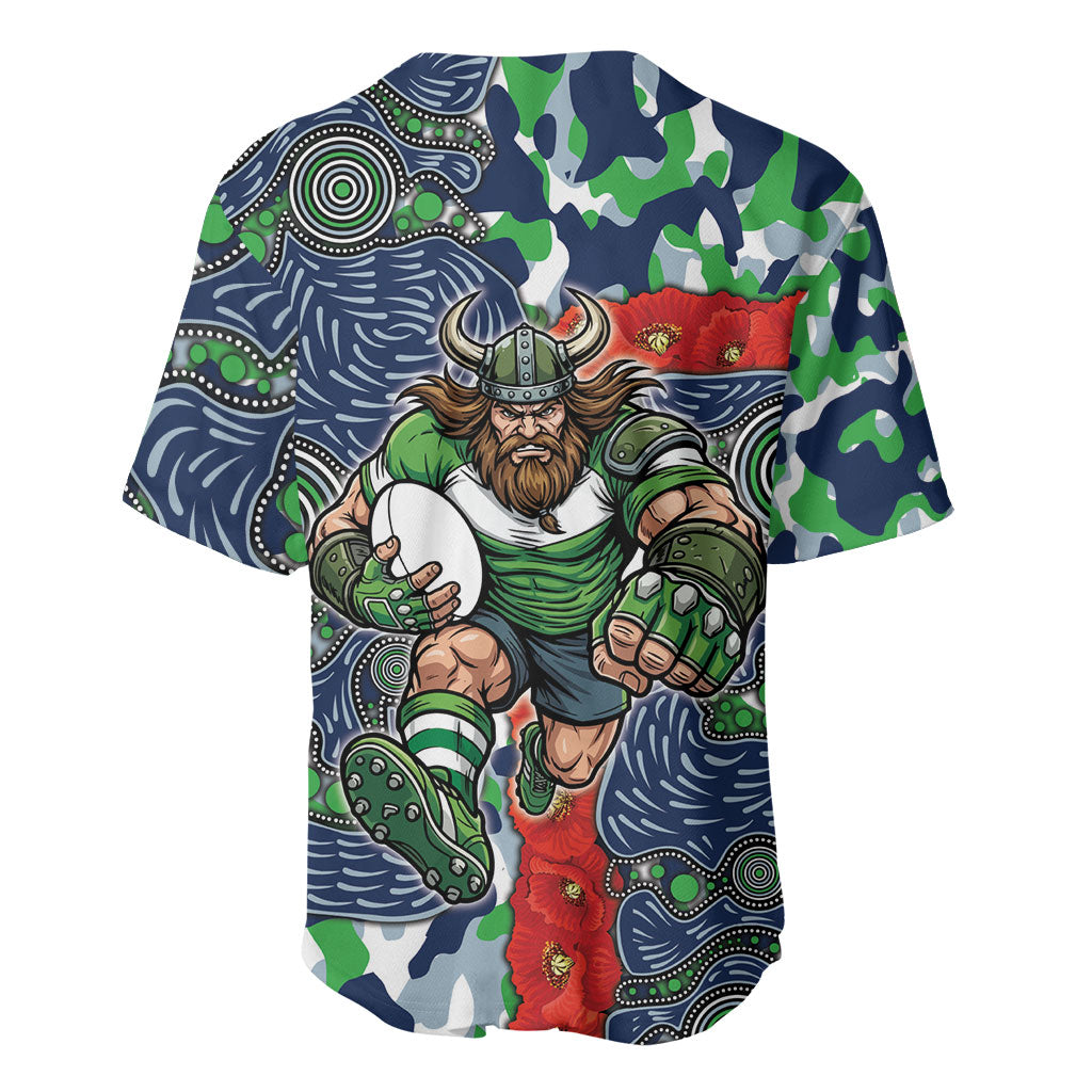 Canberra Raiders ANZAC Baseball Jersey Indigenous Wave Pattern Poppy Remembrance Viking Warrior