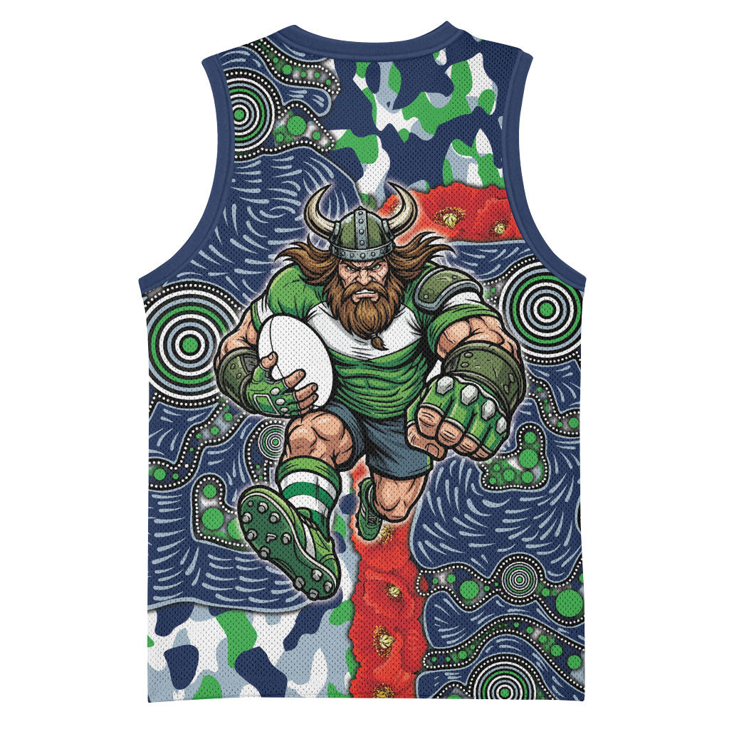 Canberra Raiders ANZAC Basketball Jersey Indigenous Wave Pattern Poppy Remembrance Viking Warrior