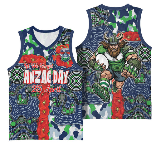 Canberra Raiders ANZAC Basketball Jersey Indigenous Wave Pattern Poppy Remembrance Viking Warrior
