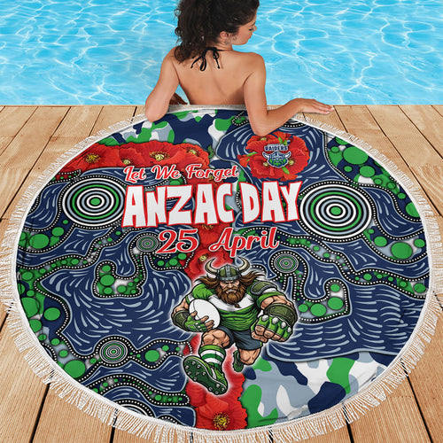 Canberra Raiders ANZAC Beach Blanket Indigenous Wave Pattern Poppy Remembrance Viking Warrior
