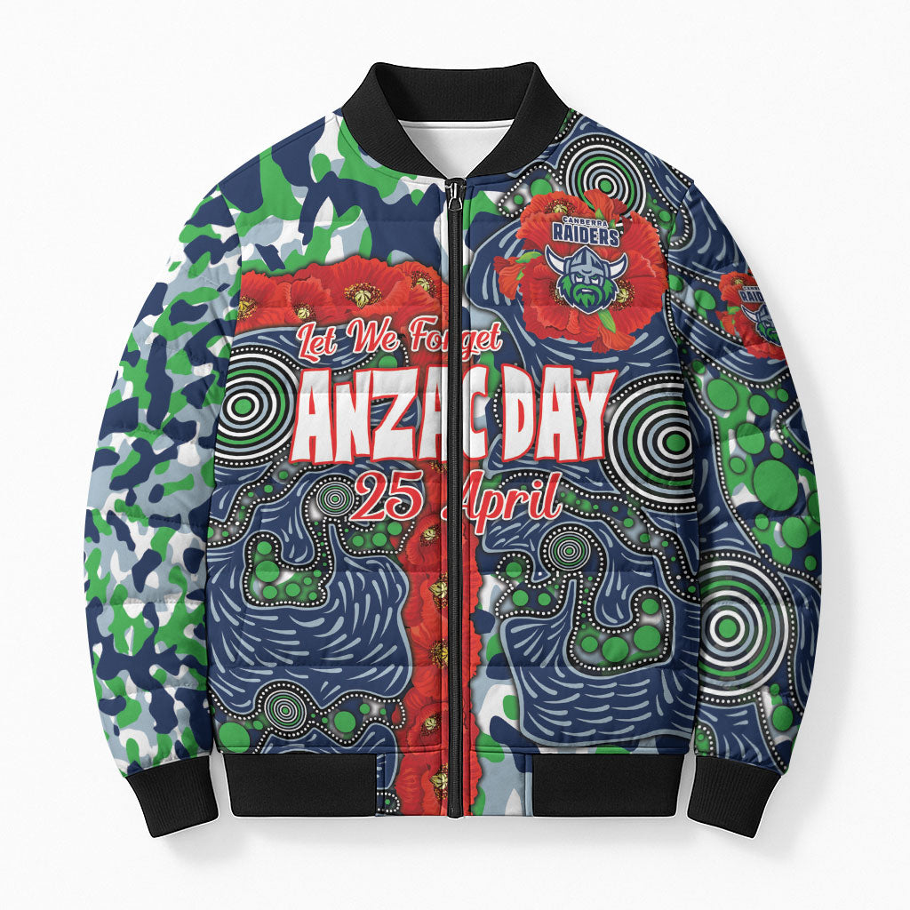 Canberra Raiders ANZAC Bomber Puffer Jacket Indigenous Wave Pattern Poppy Remembrance Viking Warrior