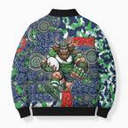 Canberra Raiders ANZAC Bomber Puffer Jacket Indigenous Wave Pattern Poppy Remembrance Viking Warrior