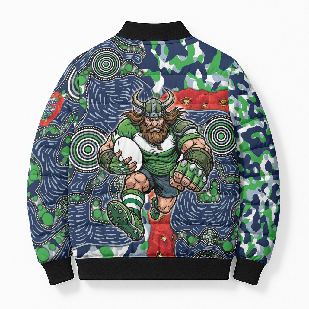 Canberra Raiders ANZAC Bomber Puffer Jacket Indigenous Wave Pattern Poppy Remembrance Viking Warrior