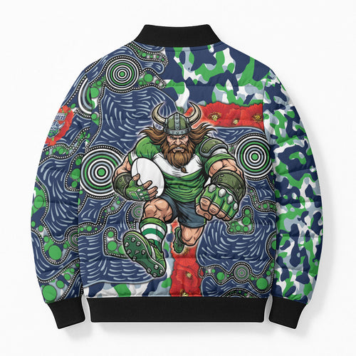 Canberra Raiders ANZAC Bomber Puffer Jacket Indigenous Wave Pattern Poppy Remembrance Viking Warrior