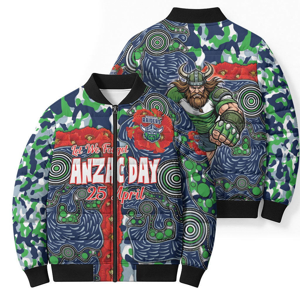 Canberra Raiders ANZAC Bomber Puffer Jacket Indigenous Wave Pattern Poppy Remembrance Viking Warrior