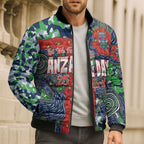 Canberra Raiders ANZAC Bomber Puffer Jacket Indigenous Wave Pattern Poppy Remembrance Viking Warrior