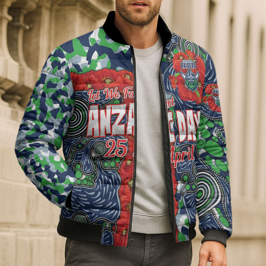 Canberra Raiders ANZAC Bomber Puffer Jacket Indigenous Wave Pattern Poppy Remembrance Viking Warrior