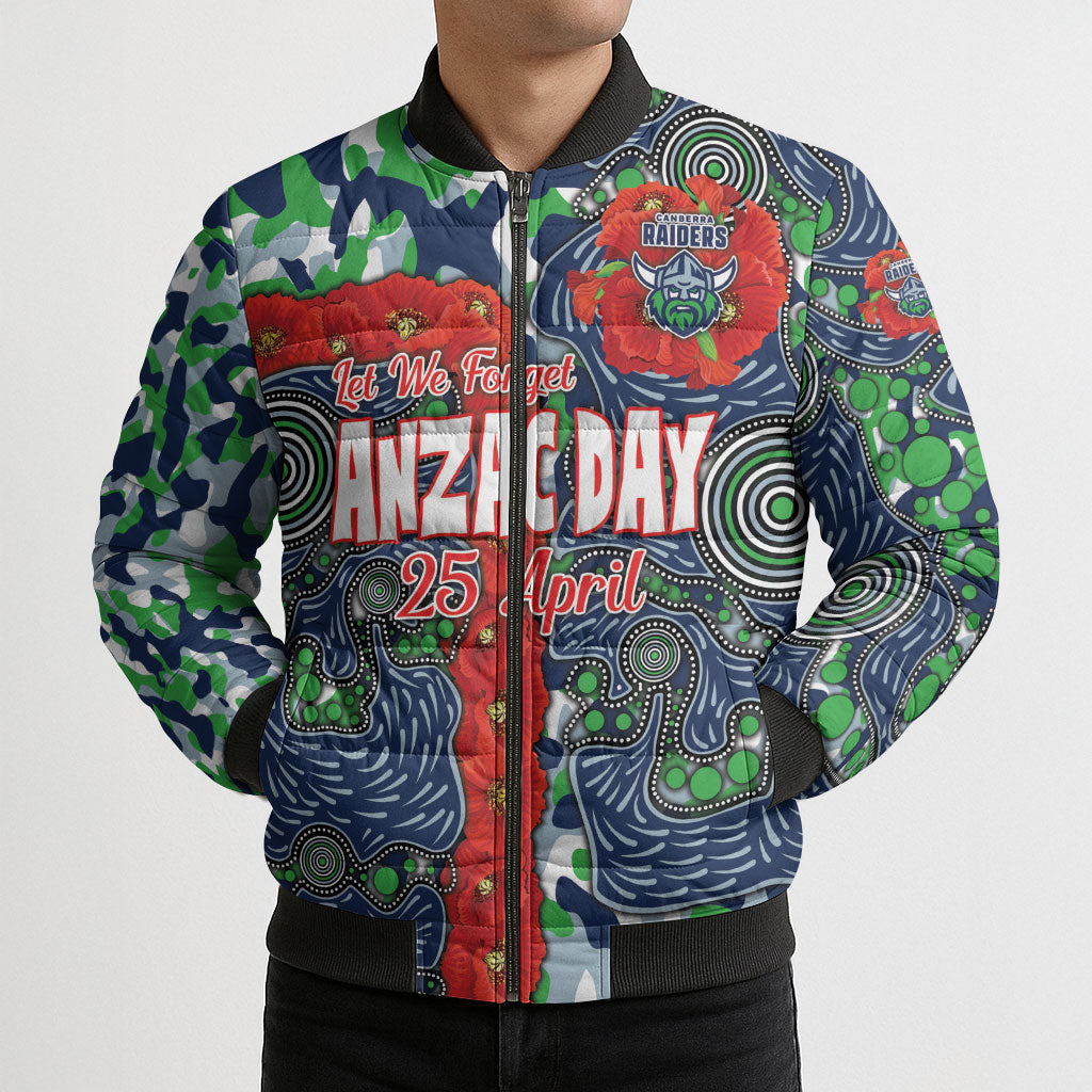Canberra Raiders ANZAC Bomber Puffer Jacket Indigenous Wave Pattern Poppy Remembrance Viking Warrior
