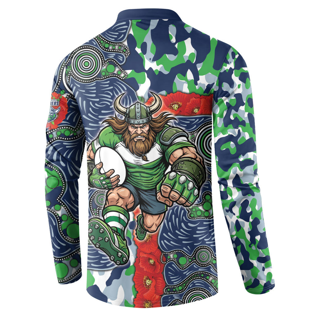 Canberra Raiders ANZAC Button Sweatshirt Indigenous Wave Pattern Poppy Remembrance Viking Warrior