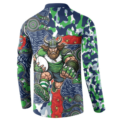 Canberra Raiders ANZAC Button Sweatshirt Indigenous Wave Pattern Poppy Remembrance Viking Warrior
