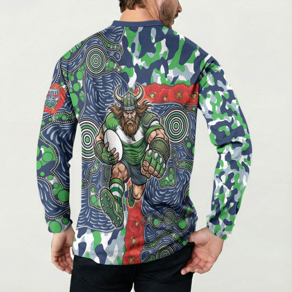 Canberra Raiders ANZAC Button Sweatshirt Indigenous Wave Pattern Poppy Remembrance Viking Warrior