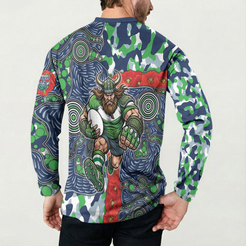 Canberra Raiders ANZAC Button Sweatshirt Indigenous Wave Pattern Poppy Remembrance Viking Warrior
